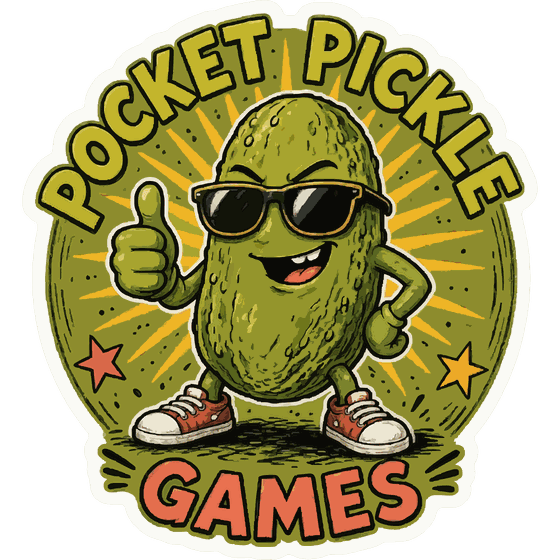 Pocket Pickle Games logo: a grinning pickle in sunglasses giving a thumbs up